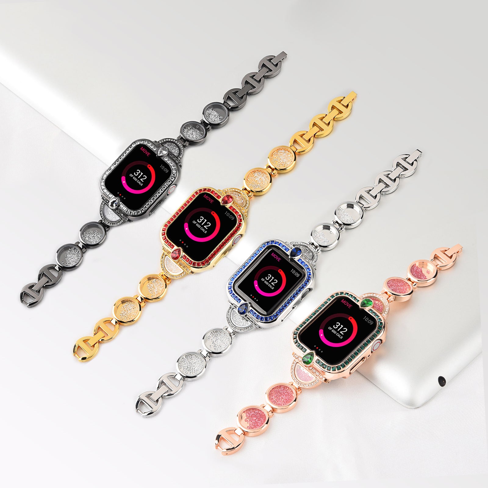 Rhinestones Decor Stainless Steel Watch Band Replacement Wrist Strap for Apple Watch Ultra 49mm / Series 8 45mm / 7 45mm / Series 6 / 5 / 4 / SE 44mm / SE (2022) 44mm Series 3 / 2 / 1 42mm - Rose Gold - UNIQBUY