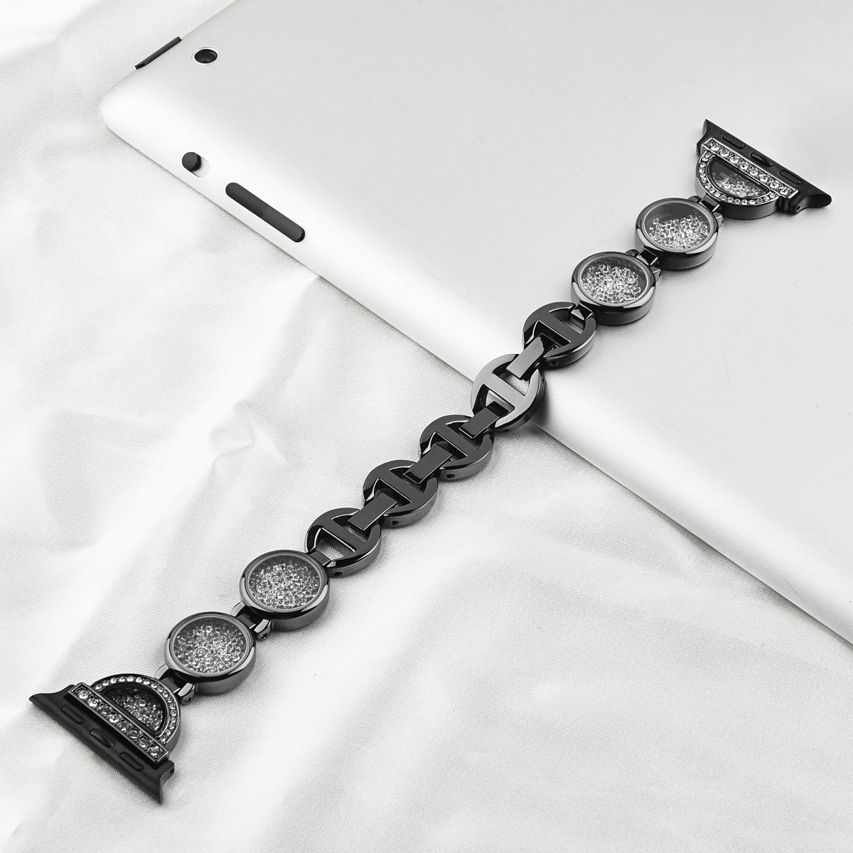 Stylish Rhinestones Decor Stainless Steel Band Smart Watch Wrist Strap for Apple Watch Series 8 41mm / Series 7 41mm / Watch Series 6 / 5 / 4 / SE / SE(2022) 40mm / Watch Series 1 / 2 / 3 38mm - Black - UNIQBUY