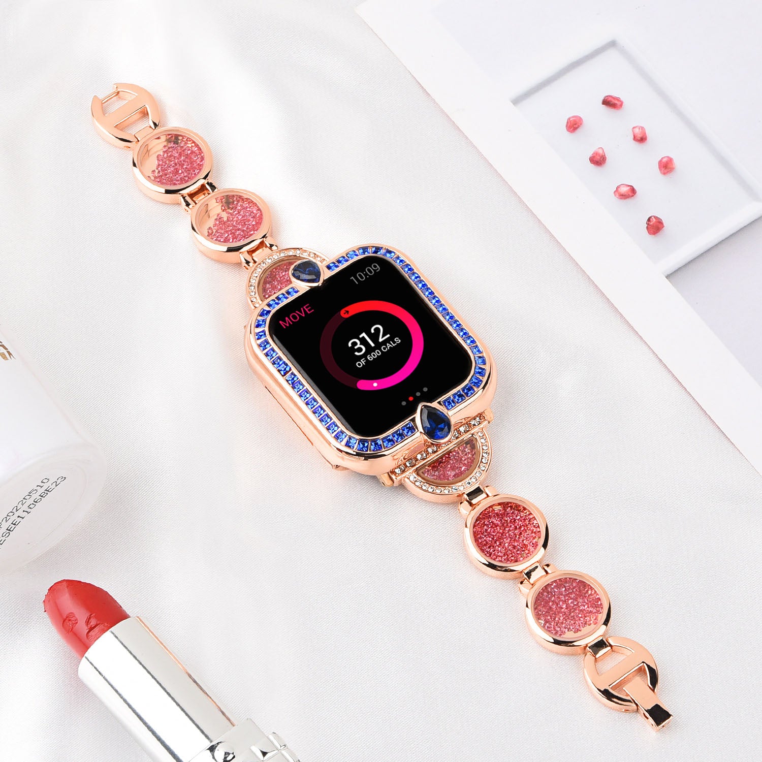 Stylish Rhinestones Decor Stainless Steel Band Smart Watch Wrist Strap for Apple Watch Series 8 41mm / Series 7 41mm / Watch Series 6 / 5 / 4 / SE / SE(2022) 40mm / Watch Series 1 / 2 / 3 38mm - Rose Gold - UNIQBUY