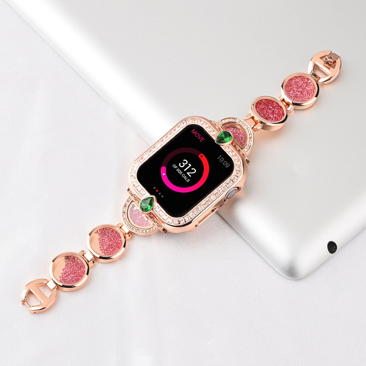 Stylish Rhinestones Decor Stainless Steel Band Smart Watch Wrist Strap for Apple Watch Series 8 41mm / Series 7 41mm / Watch Series 6 / 5 / 4 / SE / SE(2022) 40mm / Watch Series 1 / 2 / 3 38mm - Rose Gold - UNIQBUY