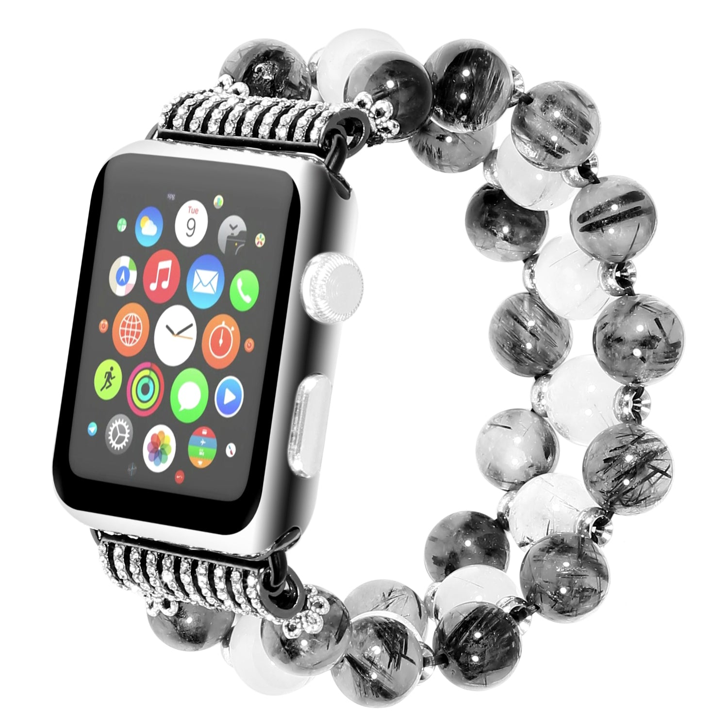 Stylish Three Rows Agate Beads + Metal Bracelet Wrist Strap Smart Watch Band for Apple Watch Ultra 49mm / Series 8 45mm / 7 45mm / Series 6 / 5 / 4 / SE 44mm / SE (2022) 44mm Series 3 / 2 / 1 42mm - Black - UNIQBUY