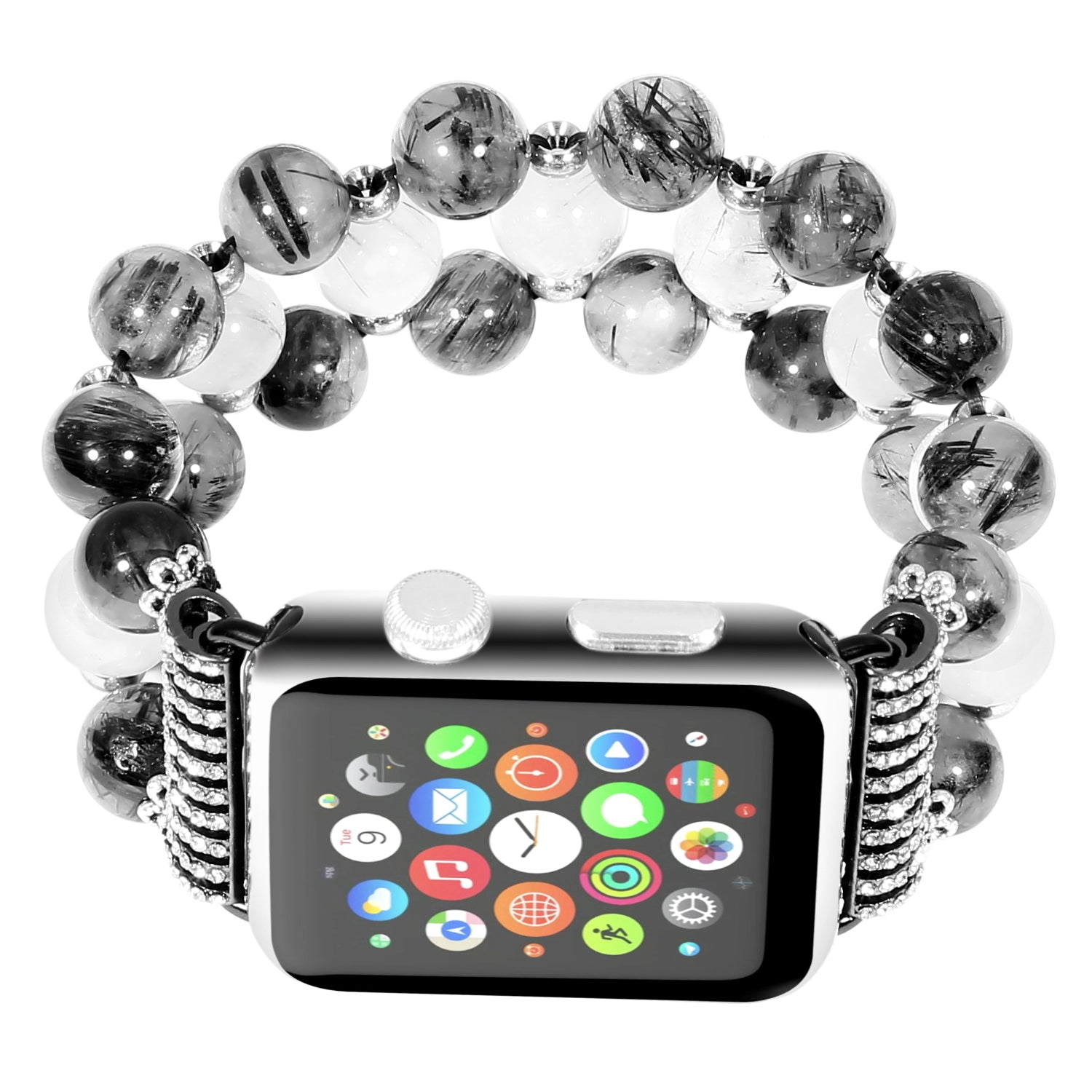 Stylish Three Rows Agate Beads + Metal Bracelet Wrist Strap Smart Watch Band for Apple Watch Ultra 49mm / Series 8 45mm / 7 45mm / Series 6 / 5 / 4 / SE 44mm / SE (2022) 44mm Series 3 / 2 / 1 42mm - Black - UNIQBUY