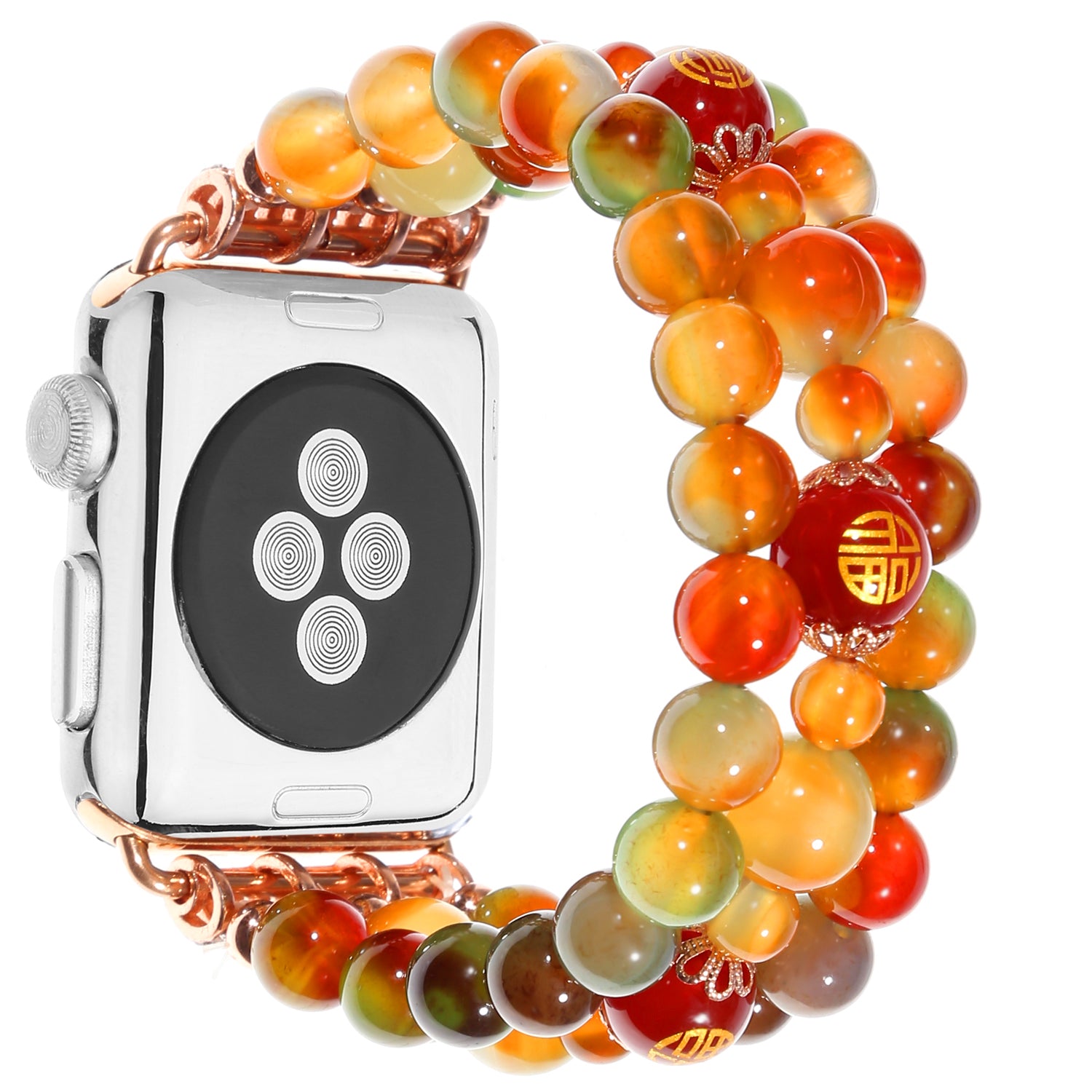 Stylish Three Rows Agate Beads + Metal Bracelet Wrist Strap Smart Watch Band for Apple Watch Ultra 49mm / Series 8 45mm / 7 45mm / Series 6 / 5 / 4 / SE 44mm / SE (2022) 44mm Series 3 / 2 / 1 42mm - Good Fortune Character Agate - UNIQBUY