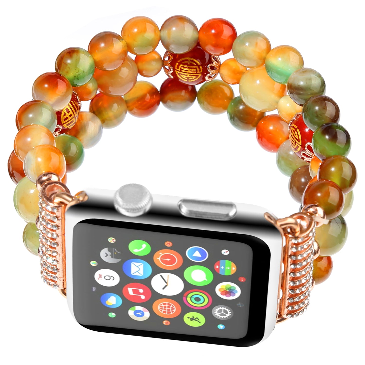 Stylish Three Rows Agate Beads + Metal Bracelet Wrist Strap Smart Watch Band for Apple Watch Ultra 49mm / Series 8 45mm / 7 45mm / Series 6 / 5 / 4 / SE 44mm / SE (2022) 44mm Series 3 / 2 / 1 42mm - Good Fortune Character Agate - UNIQBUY