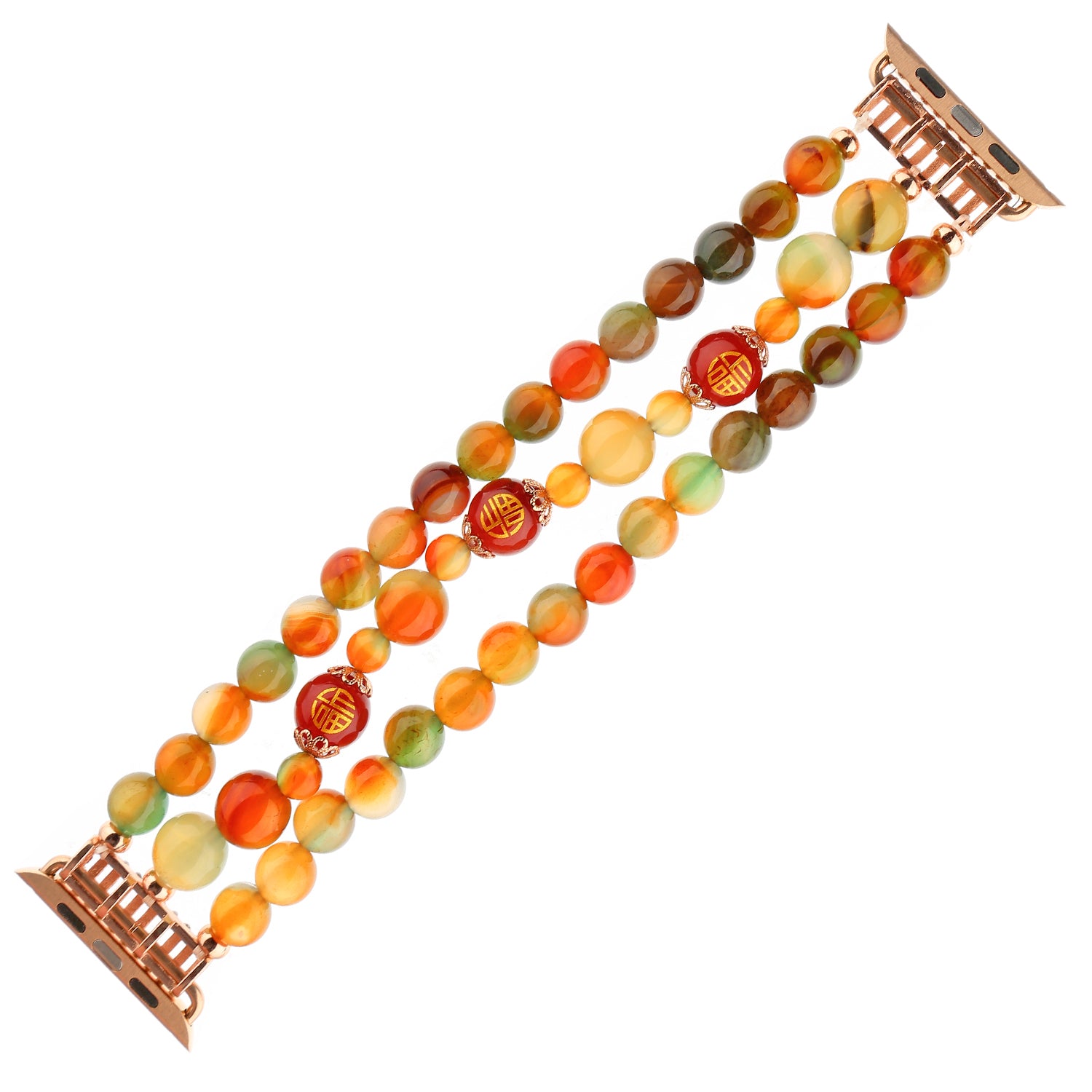 Stylish Three Rows Agate Beads + Metal Bracelet Wrist Strap Smart Watch Band for Apple Watch Ultra 49mm / Series 8 45mm / 7 45mm / Series 6 / 5 / 4 / SE 44mm / SE (2022) 44mm Series 3 / 2 / 1 42mm - Good Fortune Character Agate - UNIQBUY