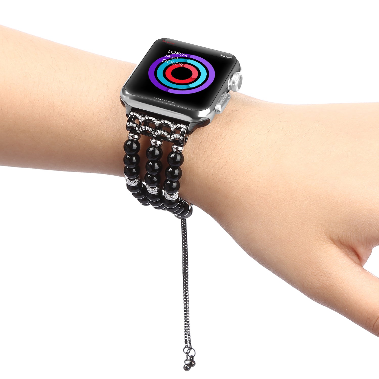 Fashionable Agate Pearl Smart Bracelet Smart Watch Strap for Apple Watch Ultra 49mm / Series 8 45mm / 7 45mm / Apple Watch Series 1 / 2 / 3 42mm / SE 44mm / SE (2022) 44mm / 6 / 5 / 4 44mm - Pearl / Black - UNIQBUY