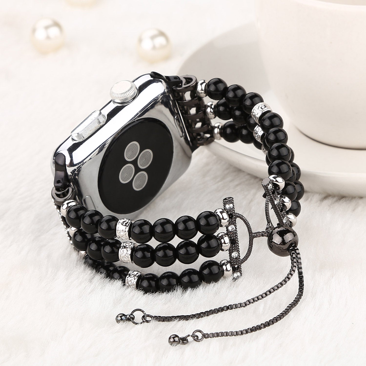 Fashionable Agate Pearl Smart Bracelet Smart Watch Strap for Apple Watch Ultra 49mm / Series 8 45mm / 7 45mm / Apple Watch Series 1 / 2 / 3 42mm / SE 44mm / SE (2022) 44mm / 6 / 5 / 4 44mm - Pearl / Black - UNIQBUY