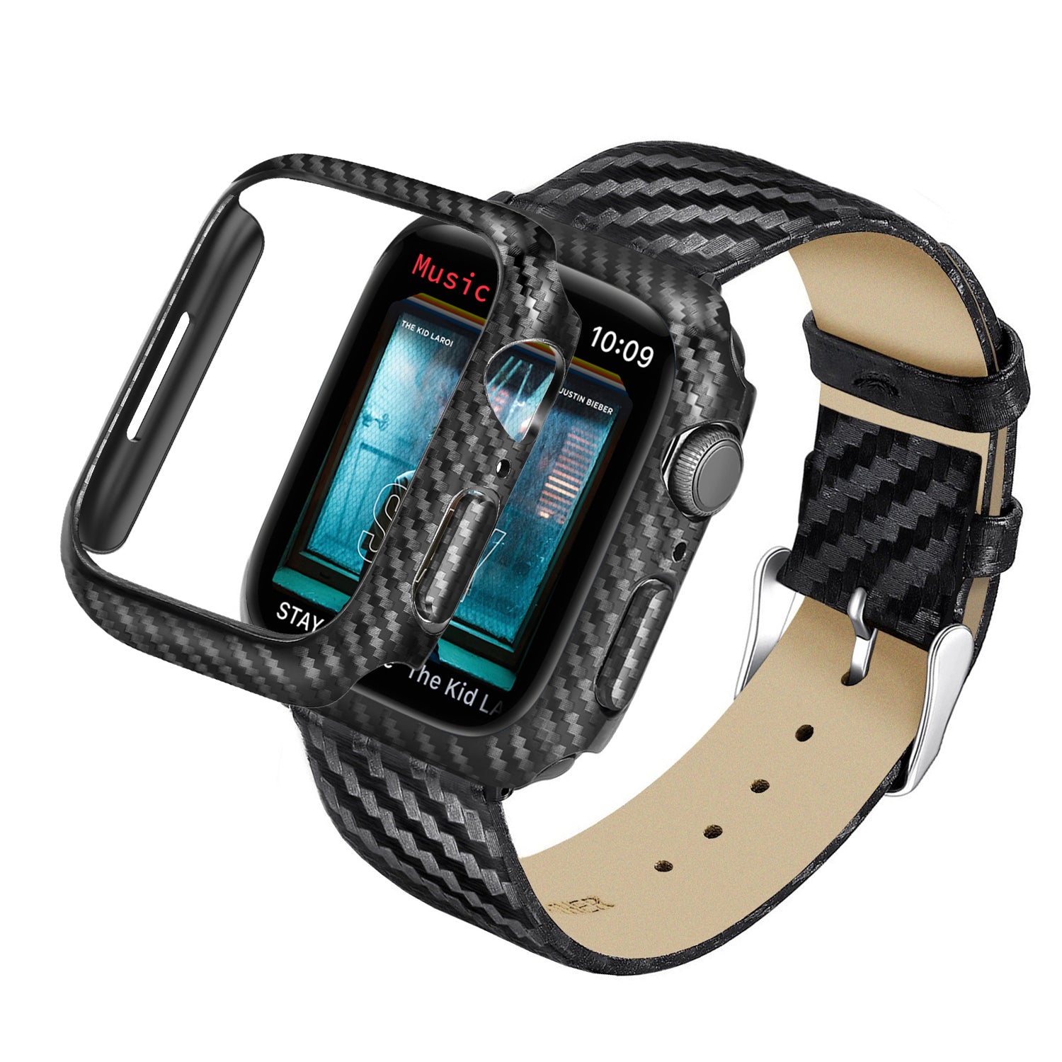 Carbon Fiber Smart Watch PC Protective Case Genuine Leather Wrist Band Replacement for Apple Watch Series 1/2/3 38mm - UNIQBUY