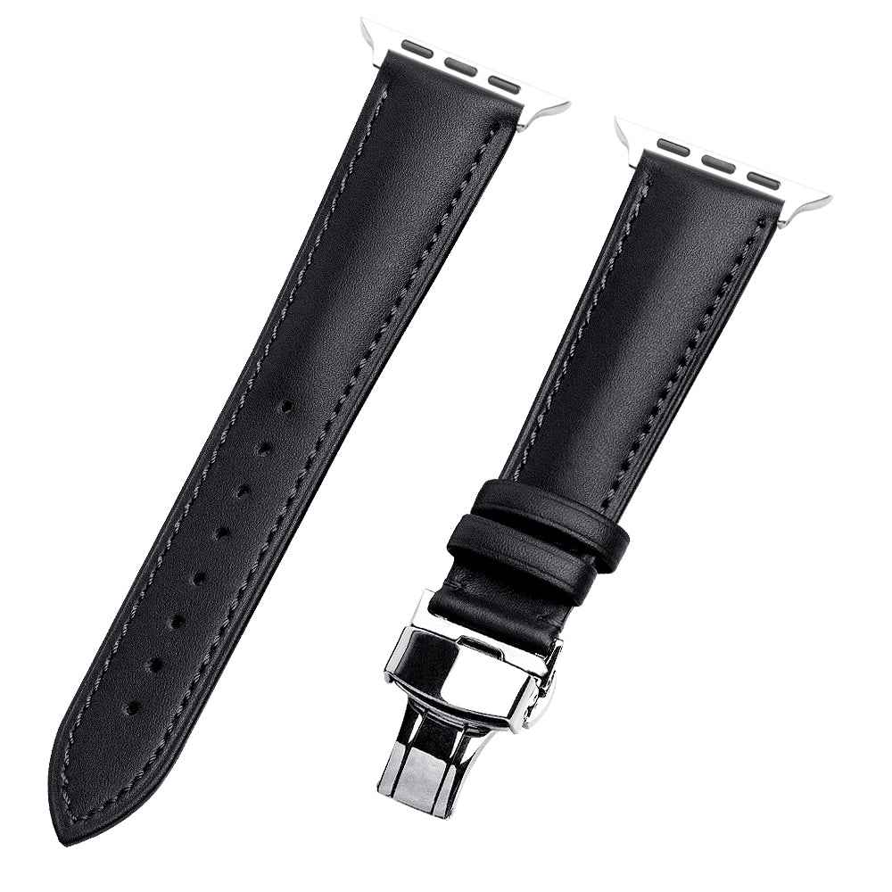 QIALINO for Apple Watch Ultra 49mm / Series 8 45mm / 7 45mm / Series 6 / 5 / 4 / SE 44mm / SE (2022) 44mm / Series 3 / 2 / 1 42mm Solid Color Genuine Leather Wristband Smart Watch Replacement Strap - Black