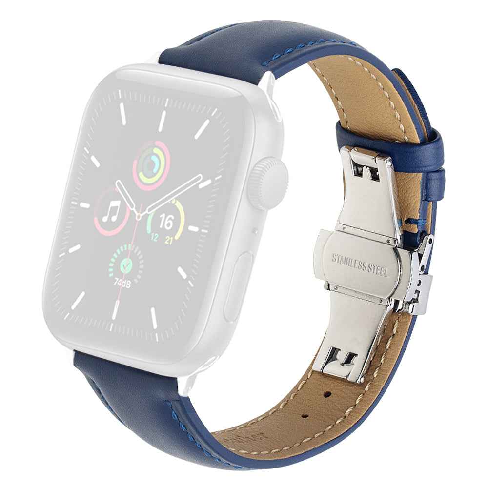 QIALINO for Apple Watch Ultra 49mm / Series 8 45mm / 7 45mm / Series 6 / 5 / 4 / SE 44mm / SE (2022) 44mm / Series 3 / 2 / 1 42mm Solid Color Genuine Leather Wristband Smart Watch Replacement Strap - Blue