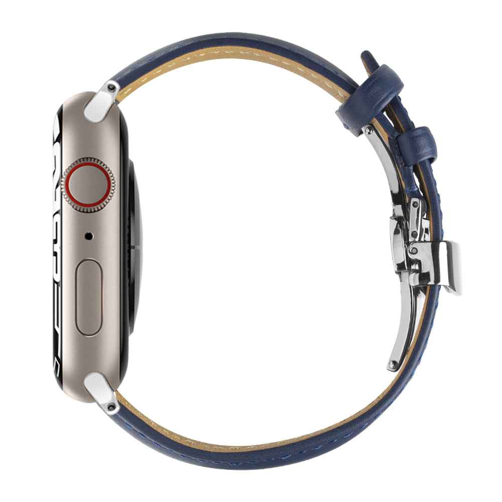 QIALINO for Apple Watch Ultra 49mm / Series 8 45mm / 7 45mm / Series 6 / 5 / 4 / SE 44mm / SE (2022) 44mm / Series 3 / 2 / 1 42mm Solid Color Genuine Leather Wristband Smart Watch Replacement Strap - Blue