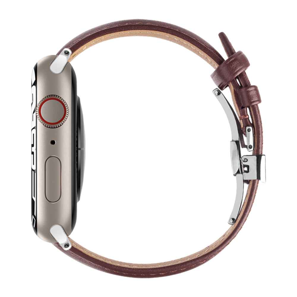 QIALINO for Apple Watch Ultra 49mm / Series 8 45mm / 7 45mm / Series 6 / 5 / 4 / SE 44mm / SE (2022) 44mm / Series 3 / 2 / 1 42mm Solid Color Genuine Leather Wristband Smart Watch Replacement Strap - Brown