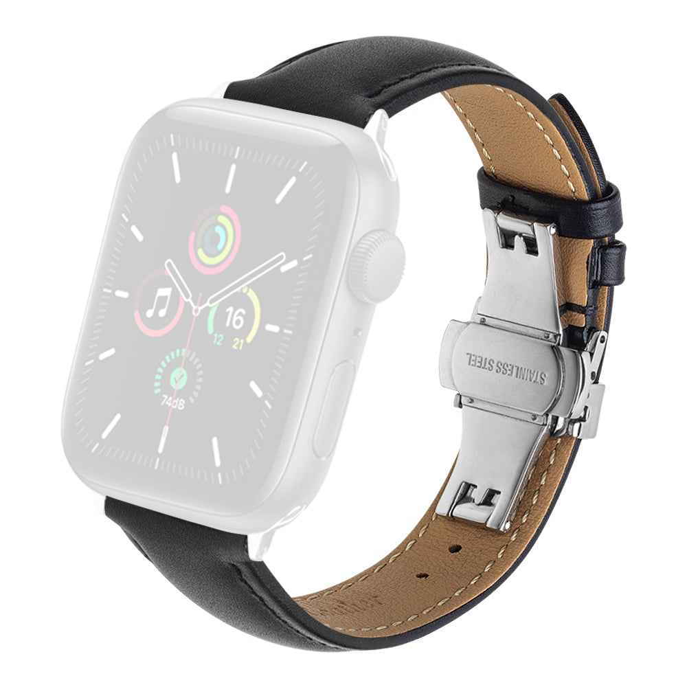 QIALINO for Apple Watch Series 8 41mm / Series 7 41mm / Series 6 / 5 / 4 / SE / SE(2022) 40mm Series 3 / 2 / 1 38mm Genuine Leather Wear-resistant Solid Color Wristband Smart Watch Replacement Strap - Black