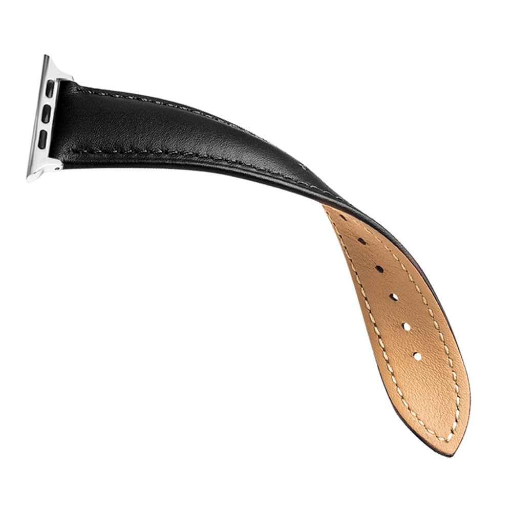 QIALINO for Apple Watch Series 8 41mm / Series 7 41mm / Series 6 / 5 / 4 / SE / SE(2022) 40mm Series 3 / 2 / 1 38mm Genuine Leather Wear-resistant Solid Color Wristband Smart Watch Replacement Strap - Black