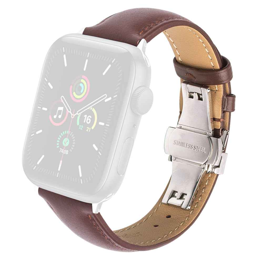 QIALINO for Apple Watch Series 8 41mm / Series 7 41mm / Series 6 / 5 / 4 / SE / SE(2022) 40mm Series 3 / 2 / 1 38mm Genuine Leather Wear-resistant Solid Color Wristband Smart Watch Replacement Strap - Brown