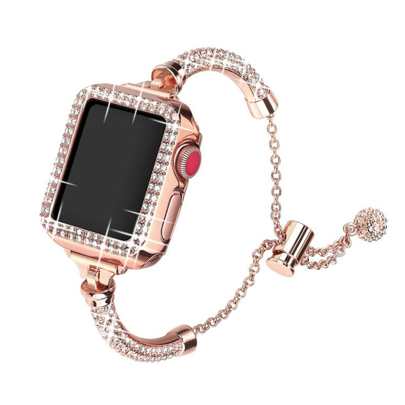For Apple Watch SE 44mm / SE (2022) 44mm / Series 4 / 5 / 6 44mm Bracelet Metal Rhinestone Decor Durable Smart Watch Band + Hollow Out PC Watch Case - Rose Gold - UNIQBUY