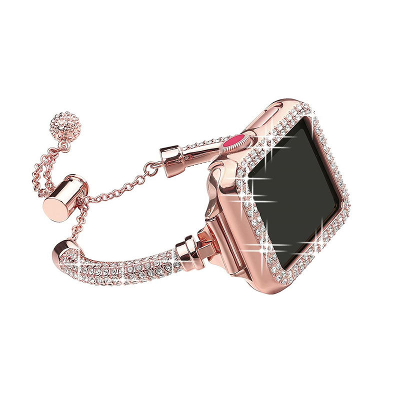 For Apple Watch SE 44mm / SE (2022) 44mm / Series 4 / 5 / 6 44mm Bracelet Metal Rhinestone Decor Durable Smart Watch Band + Hollow Out PC Watch Case - Rose Gold - UNIQBUY