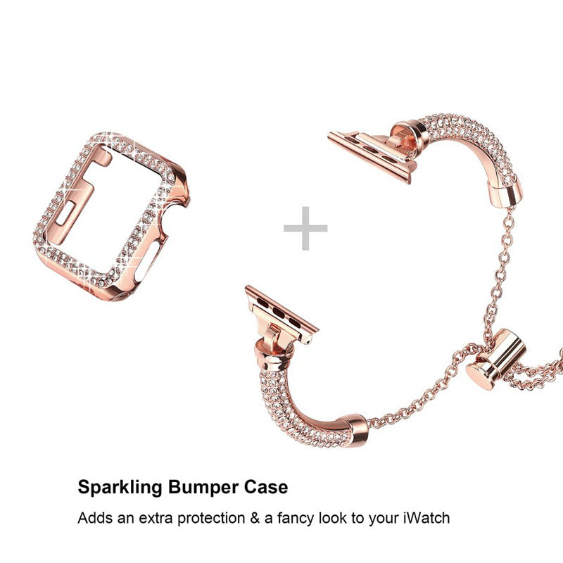 For Apple Watch SE 44mm / SE (2022) 44mm / Series 4 / 5 / 6 44mm Bracelet Metal Rhinestone Decor Durable Smart Watch Band + Hollow Out PC Watch Case - Rose Gold - UNIQBUY