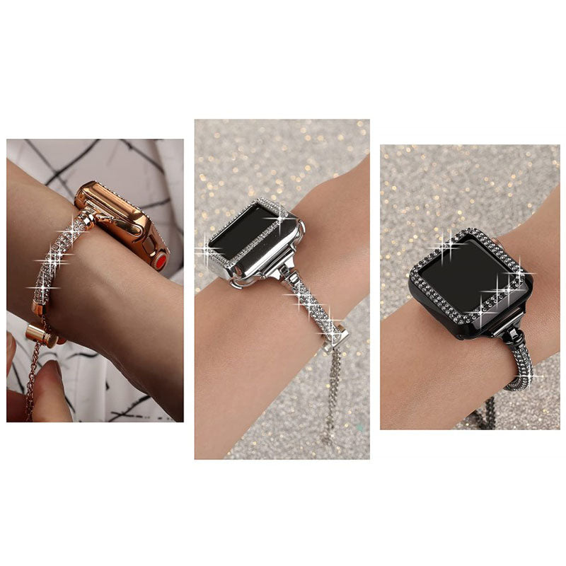 For Apple Watch SE 44mm / SE (2022) 44mm / Series 4 / 5 / 6 44mm Bracelet Metal Rhinestone Decor Durable Smart Watch Band + Hollow Out PC Watch Case - Rose Gold - UNIQBUY