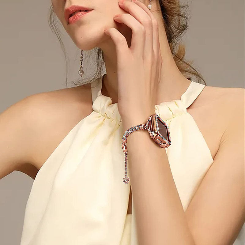 For Apple Watch SE 44mm / SE (2022) 44mm / Series 4 / 5 / 6 44mm Bracelet Metal Rhinestone Decor Durable Smart Watch Band + Hollow Out PC Watch Case - Rose Gold - UNIQBUY