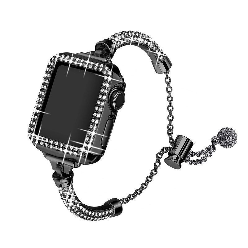 For Apple Watch SE 44mm / SE (2022) 44mm / Series 4 / 5 / 6 44mm Bracelet Metal Rhinestone Decor Durable Smart Watch Band + Hollow Out PC Watch Case - Black - UNIQBUY