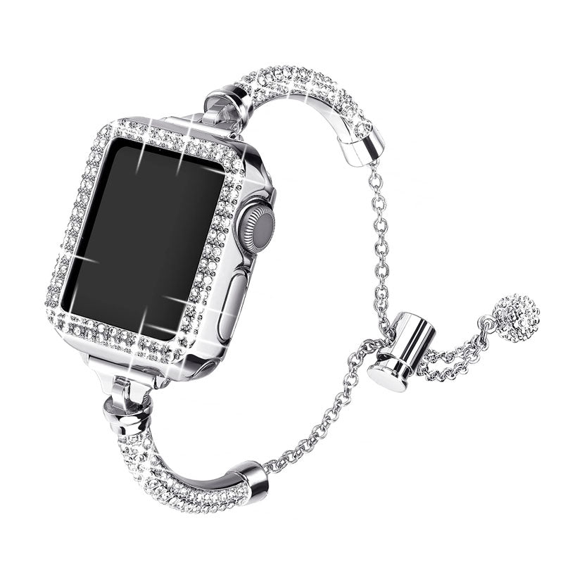 For Apple Watch SE / SE(2022) / Series 4 / 5 / 6 40mm Metal Rhinestone Decor Bracelet Adjustable Watch Band + Hollow Out PC Anti-scratch Watch Case - Silver - UNIQBUY