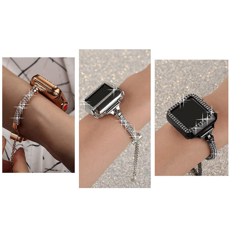 For Apple Watch SE / SE(2022) / Series 4 / 5 / 6 40mm Metal Rhinestone Decor Bracelet Adjustable Watch Band + Hollow Out PC Anti-scratch Watch Case - Silver - UNIQBUY