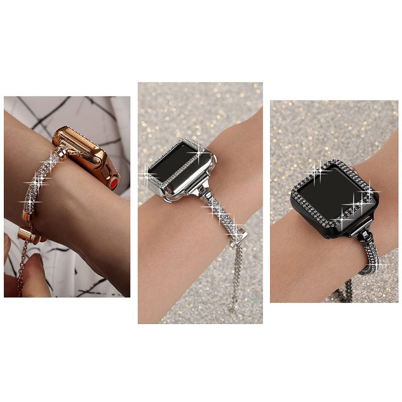 For Apple Watch SE / SE(2022) / Series 4 / 5 / 6 40mm Metal Stylish Rhinestone Decor Bracelet Wrist Strap Watch Band + Hollow Out PC Anti-scratch Watch Case - Black - UNIQBUY