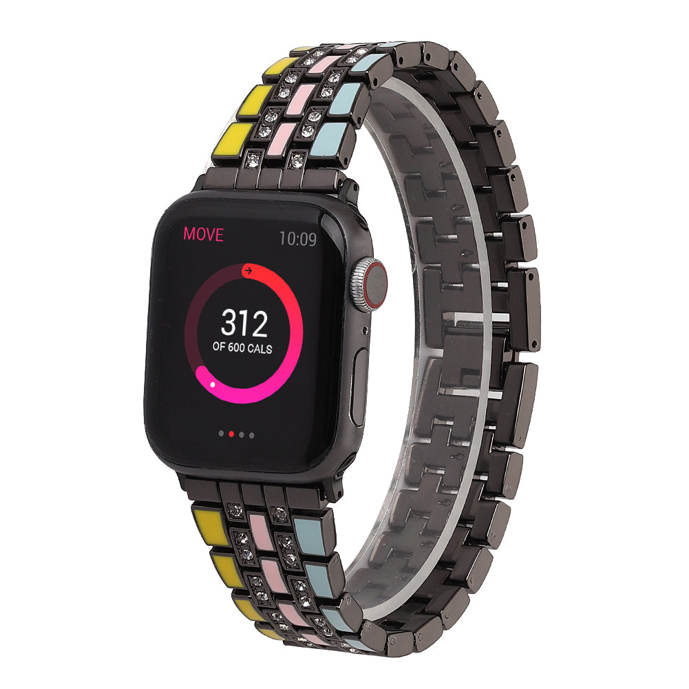 For Apple Watch Ultra 49mm / Series 8 45mm / 7 45mm / Series 6 / 5 / 4 / SSE 44mm / SE (2022) 44mm / Series 3 / 2 / 1 42mm Flag Style Watch Strap Rhinestone Band Replacement - Yellow / Blue / Black - UNIQBUY