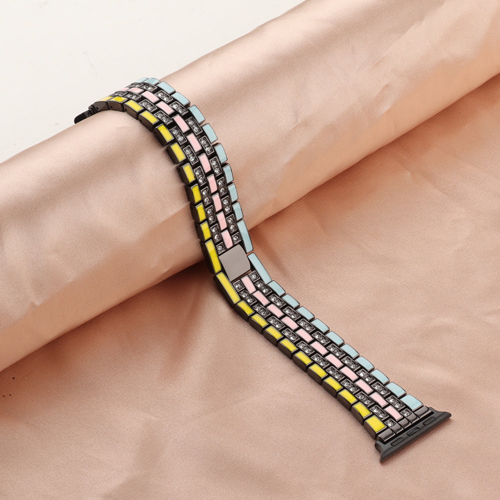 For Apple Watch Ultra 49mm / Series 8 45mm / 7 45mm / Series 6 / 5 / 4 / SSE 44mm / SE (2022) 44mm / Series 3 / 2 / 1 42mm Flag Style Watch Strap Rhinestone Band Replacement - Yellow / Blue / Black - UNIQBUY