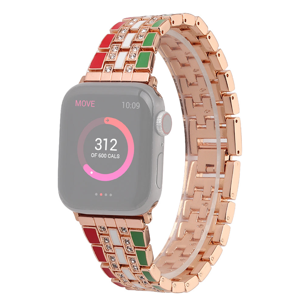 For Apple Watch Ultra 49mm / Series 8 45mm / 7 45mm / Series 6 / 5 / 4 / SSE 44mm / SE (2022) 44mm / Series 3 / 2 / 1 42mm Flag Style Watch Strap Rhinestone Band Replacement - Red / Green / Rose Gold - UNIQBUY