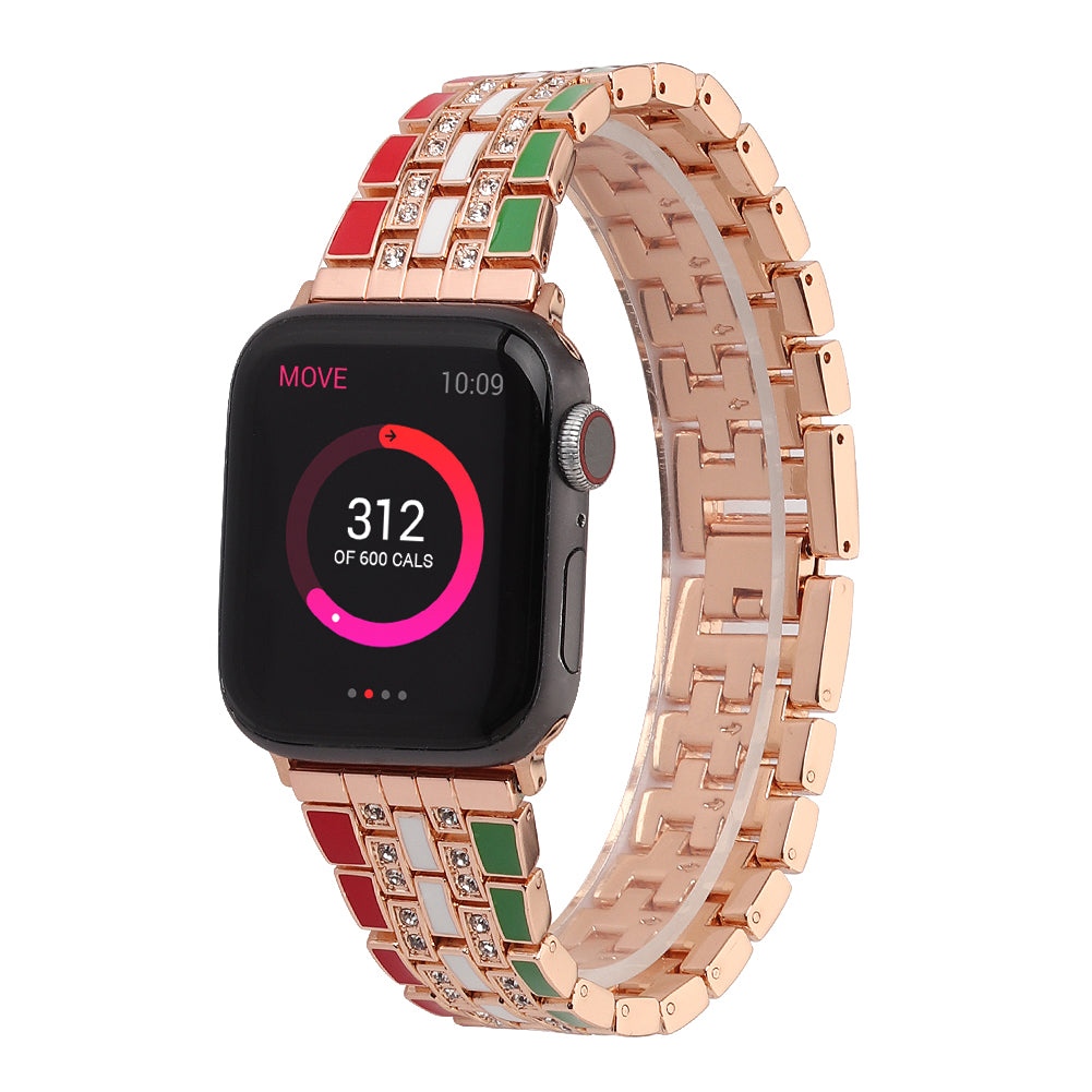 For Apple Watch Ultra 49mm / Series 8 45mm / 7 45mm / Series 6 / 5 / 4 / SSE 44mm / SE (2022) 44mm / Series 3 / 2 / 1 42mm Flag Style Watch Strap Rhinestone Band Replacement - Red / Green / Rose Gold - UNIQBUY