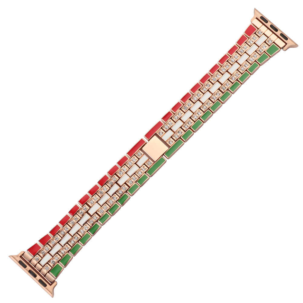 For Apple Watch Ultra 49mm / Series 8 45mm / 7 45mm / Series 6 / 5 / 4 / SSE 44mm / SE (2022) 44mm / Series 3 / 2 / 1 42mm Flag Style Watch Strap Rhinestone Band Replacement - Red / Green / Rose Gold - UNIQBUY