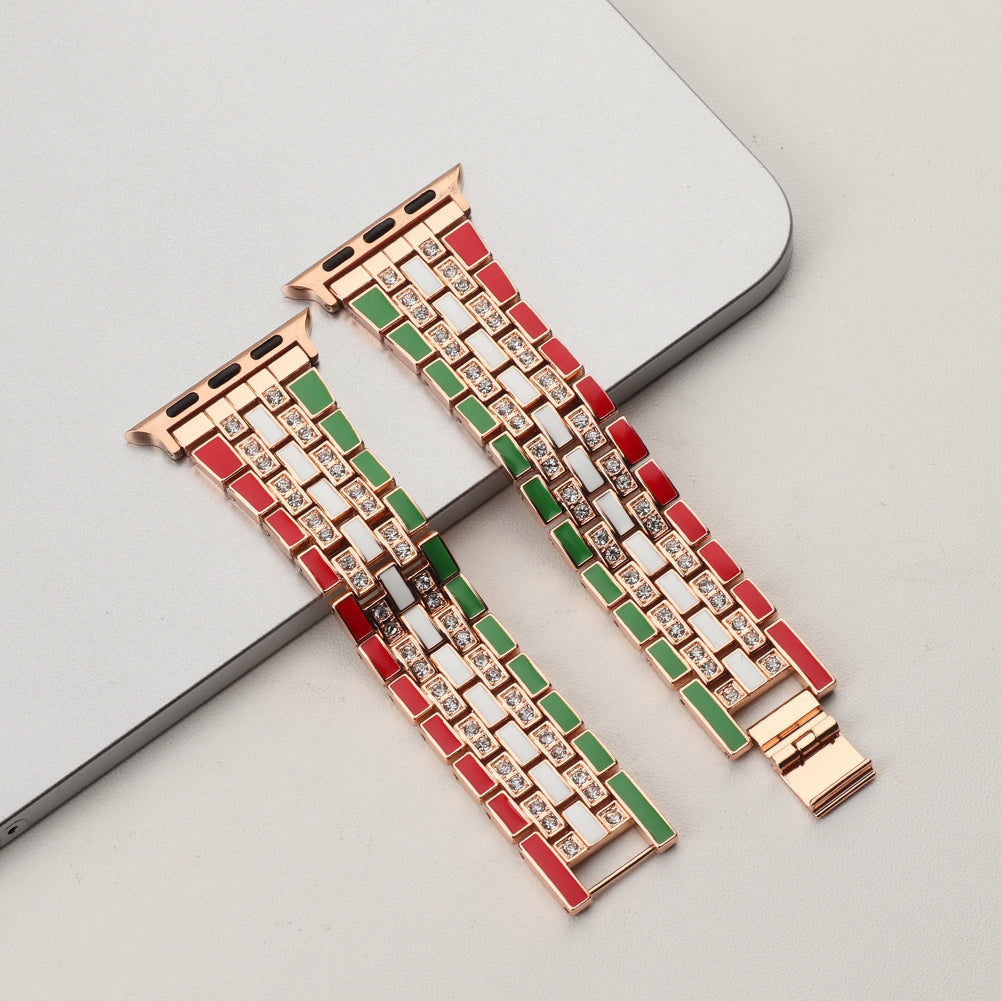 For Apple Watch Ultra 49mm / Series 8 45mm / 7 45mm / Series 6 / 5 / 4 / SSE 44mm / SE (2022) 44mm / Series 3 / 2 / 1 42mm Flag Style Watch Strap Rhinestone Band Replacement - Red / Green / Rose Gold - UNIQBUY