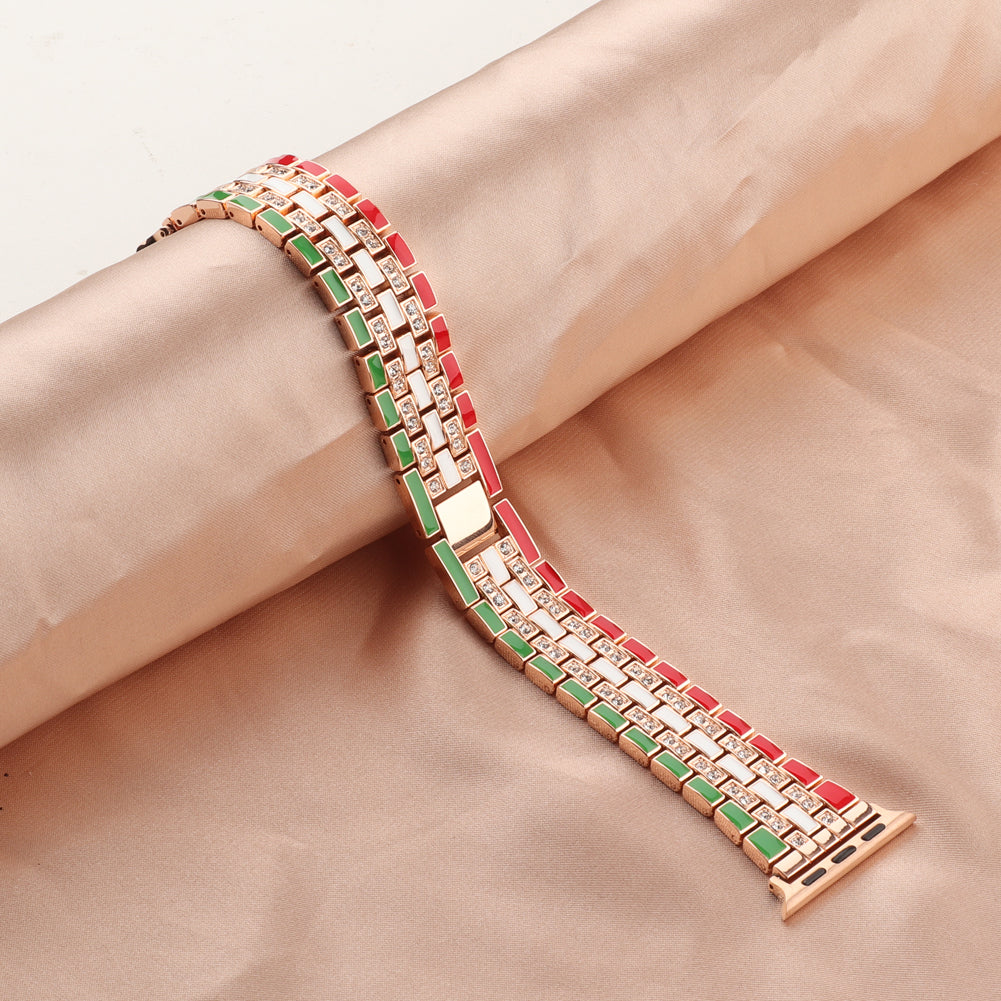 For Apple Watch Ultra 49mm / Series 8 45mm / 7 45mm / Series 6 / 5 / 4 / SSE 44mm / SE (2022) 44mm / Series 3 / 2 / 1 42mm Flag Style Watch Strap Rhinestone Band Replacement - Red / Green / Rose Gold - UNIQBUY