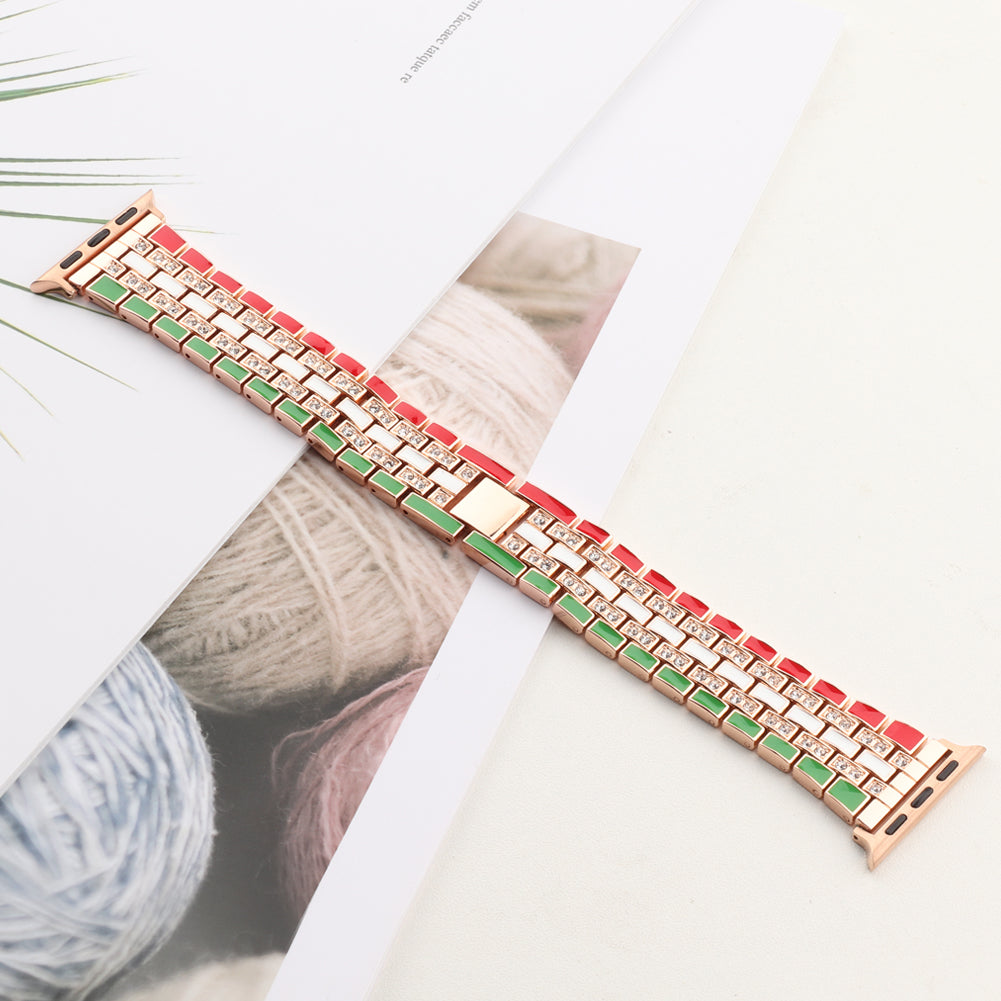 For Apple Watch Ultra 49mm / Series 8 45mm / 7 45mm / Series 6 / 5 / 4 / SSE 44mm / SE (2022) 44mm / Series 3 / 2 / 1 42mm Flag Style Watch Strap Rhinestone Band Replacement - Red / Green / Rose Gold - UNIQBUY