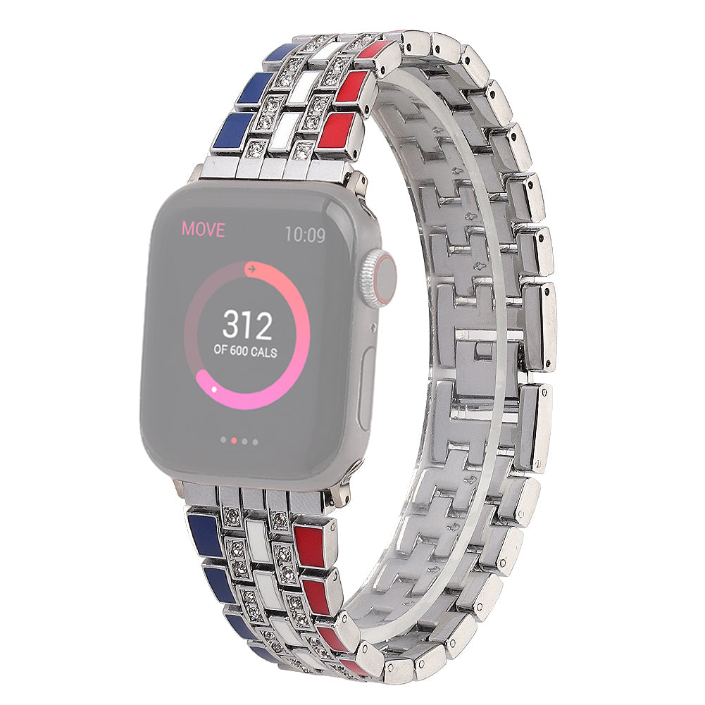 For Apple Watch Ultra 49mm / Series 8 45mm / 7 45mm / Series 6 / 5 / 4 / SSE 44mm / SE (2022) 44mm / Series 3 / 2 / 1 42mm Flag Style Watch Strap Rhinestone Band Replacement - Red / Blue / Silver - UNIQBUY