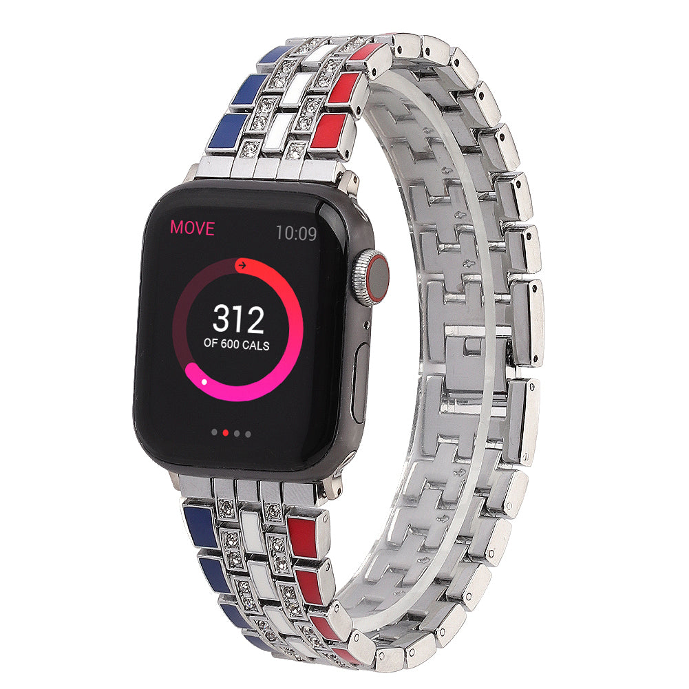 For Apple Watch Ultra 49mm / Series 8 45mm / 7 45mm / Series 6 / 5 / 4 / SSE 44mm / SE (2022) 44mm / Series 3 / 2 / 1 42mm Flag Style Watch Strap Rhinestone Band Replacement - Red / Blue / Silver - UNIQBUY