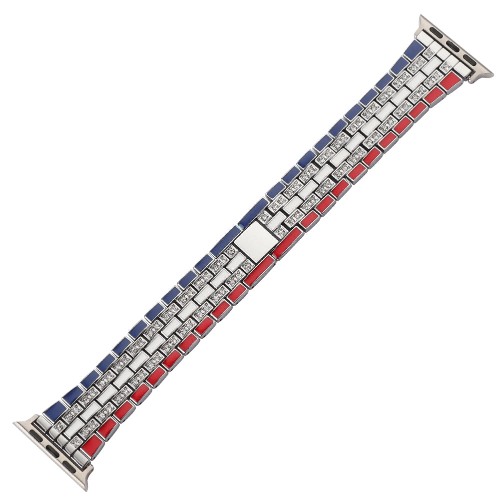 For Apple Watch Ultra 49mm / Series 8 45mm / 7 45mm / Series 6 / 5 / 4 / SSE 44mm / SE (2022) 44mm / Series 3 / 2 / 1 42mm Flag Style Watch Strap Rhinestone Band Replacement - Red / Blue / Silver - UNIQBUY