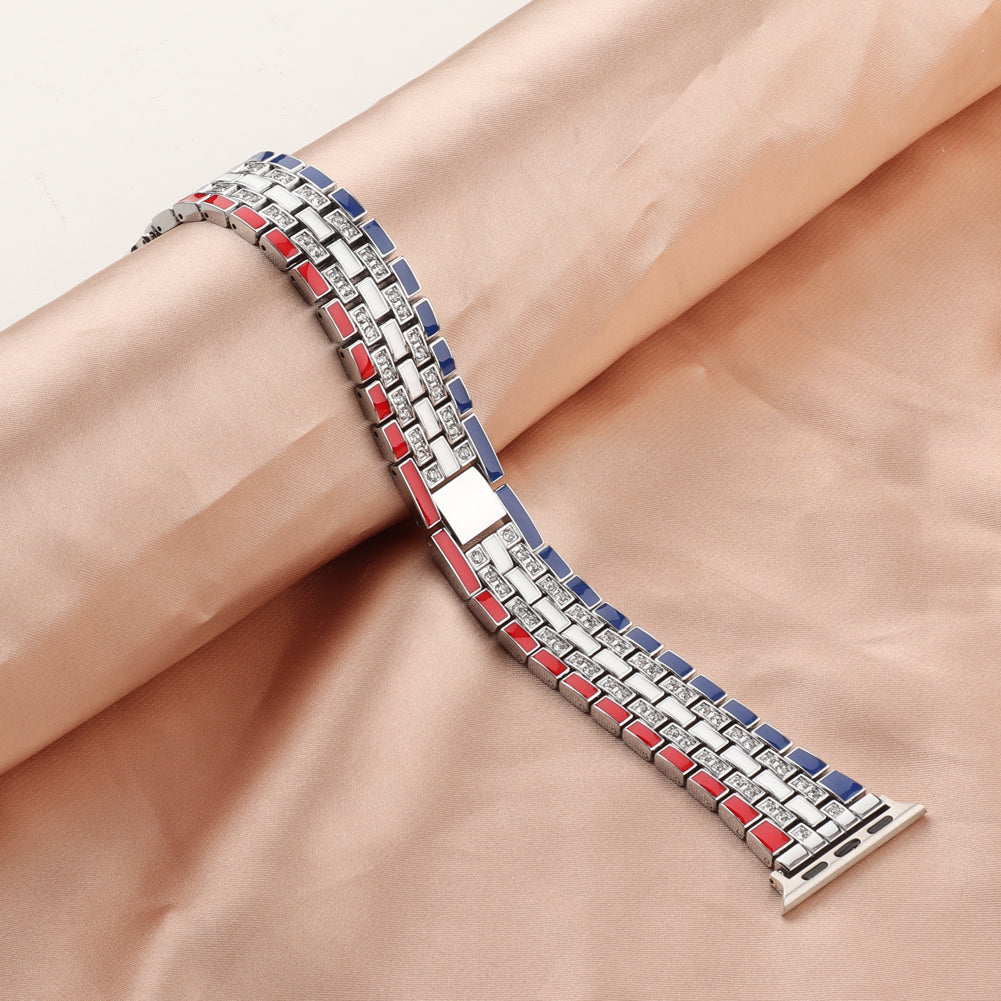 For Apple Watch Ultra 49mm / Series 8 45mm / 7 45mm / Series 6 / 5 / 4 / SSE 44mm / SE (2022) 44mm / Series 3 / 2 / 1 42mm Flag Style Watch Strap Rhinestone Band Replacement - Red / Blue / Silver - UNIQBUY