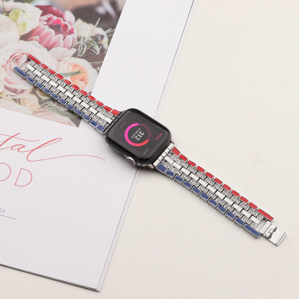 For Apple Watch Ultra 49mm / Series 8 45mm / 7 45mm / Series 6 / 5 / 4 / SSE 44mm / SE (2022) 44mm / Series 3 / 2 / 1 42mm Flag Style Watch Strap Rhinestone Band Replacement - Red / Blue / Silver - UNIQBUY