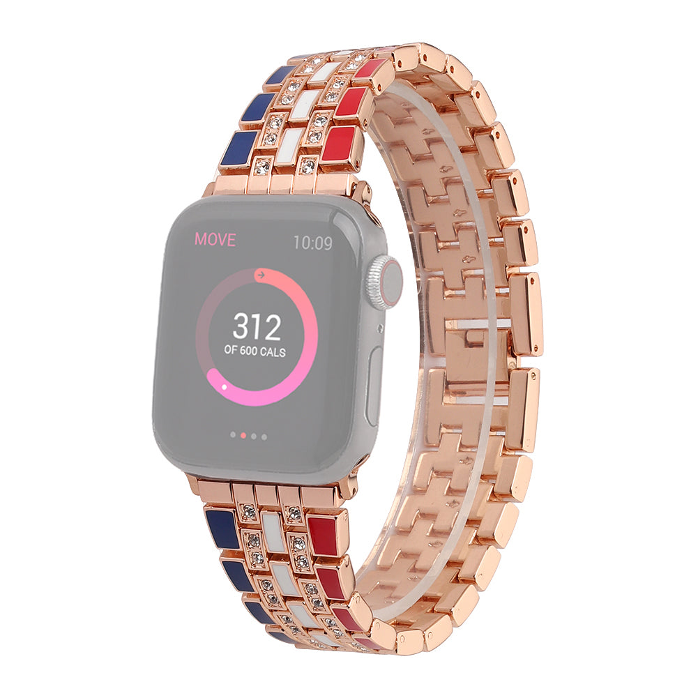 For Apple Watch Ultra 49mm / Series 8 45mm / 7 45mm / Series 6 / 5 / 4 / SSE 44mm / SE (2022) 44mm / Series 3 / 2 / 1 42mm Flag Style Watch Strap Rhinestone Band Replacement - Red / Blue / Rose Gold - UNIQBUY