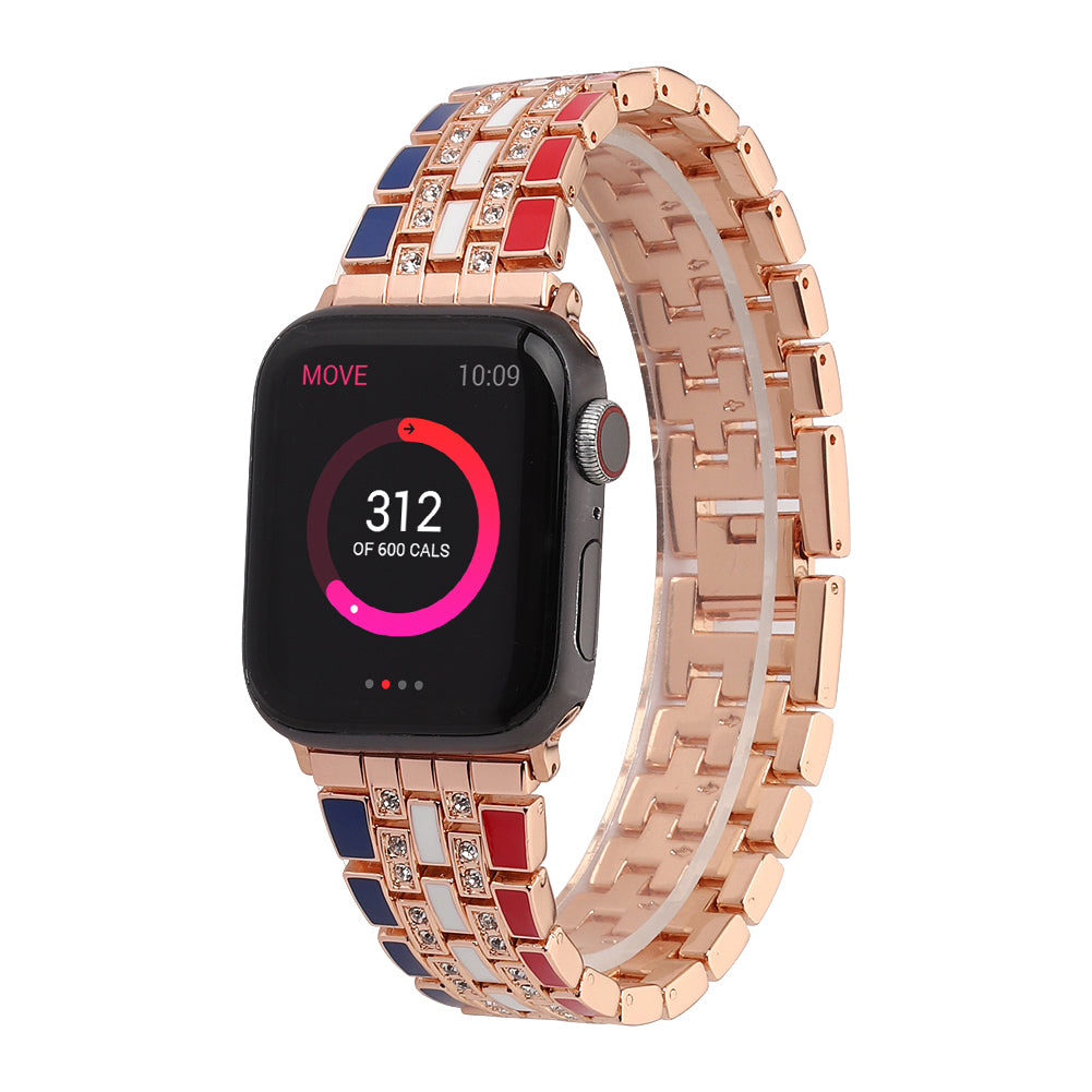 For Apple Watch Ultra 49mm / Series 8 45mm / 7 45mm / Series 6 / 5 / 4 / SSE 44mm / SE (2022) 44mm / Series 3 / 2 / 1 42mm Flag Style Watch Strap Rhinestone Band Replacement - Red / Blue / Rose Gold - UNIQBUY