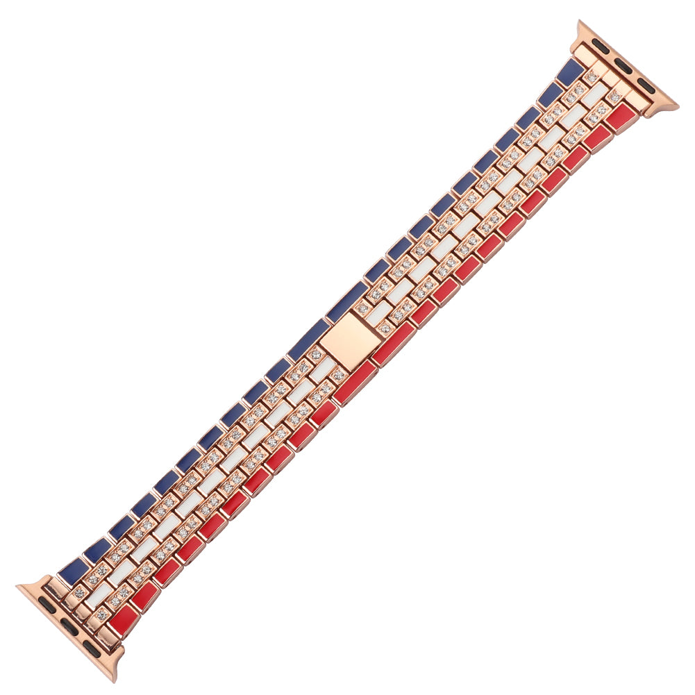For Apple Watch Ultra 49mm / Series 8 45mm / 7 45mm / Series 6 / 5 / 4 / SSE 44mm / SE (2022) 44mm / Series 3 / 2 / 1 42mm Flag Style Watch Strap Rhinestone Band Replacement - Red / Blue / Rose Gold - UNIQBUY