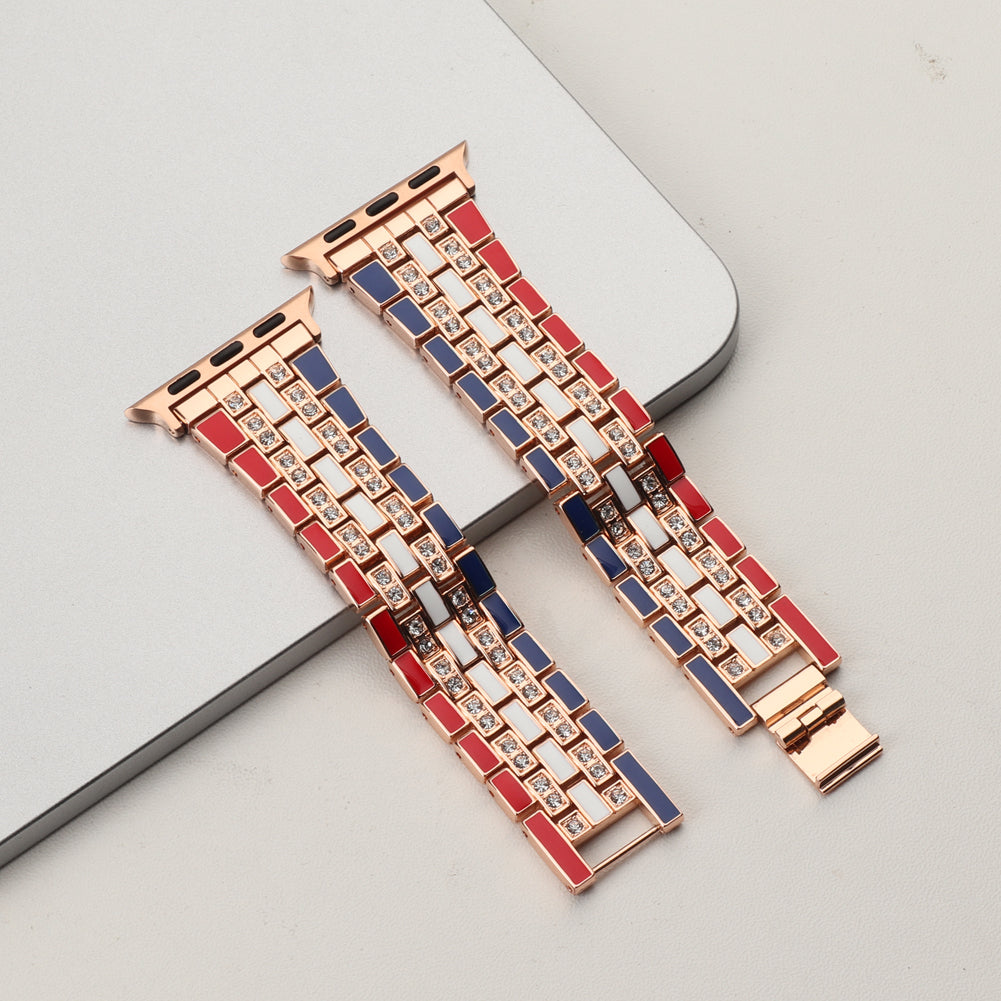For Apple Watch Ultra 49mm / Series 8 45mm / 7 45mm / Series 6 / 5 / 4 / SSE 44mm / SE (2022) 44mm / Series 3 / 2 / 1 42mm Flag Style Watch Strap Rhinestone Band Replacement - Red / Blue / Rose Gold - UNIQBUY