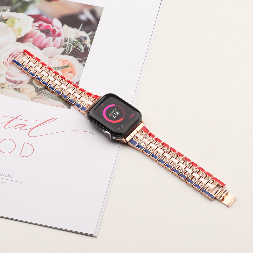 For Apple Watch Ultra 49mm / Series 8 45mm / 7 45mm / Series 6 / 5 / 4 / SSE 44mm / SE (2022) 44mm / Series 3 / 2 / 1 42mm Flag Style Watch Strap Rhinestone Band Replacement - Red / Blue / Rose Gold - UNIQBUY