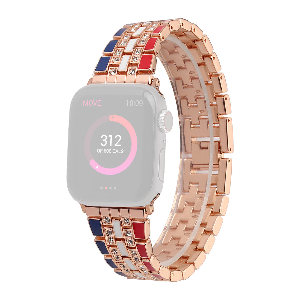 For Apple Watch Series 8 41mm / Series 7 41mm / Series 6 / 5 / 4 / SE / SE(2022) 40mm / Series 3 / 2 / 1 38mm Rhinestone Decor Flag Style Wrist Strap Smart Watch Band - Red / Blue / Rose Gold - UNIQBUY