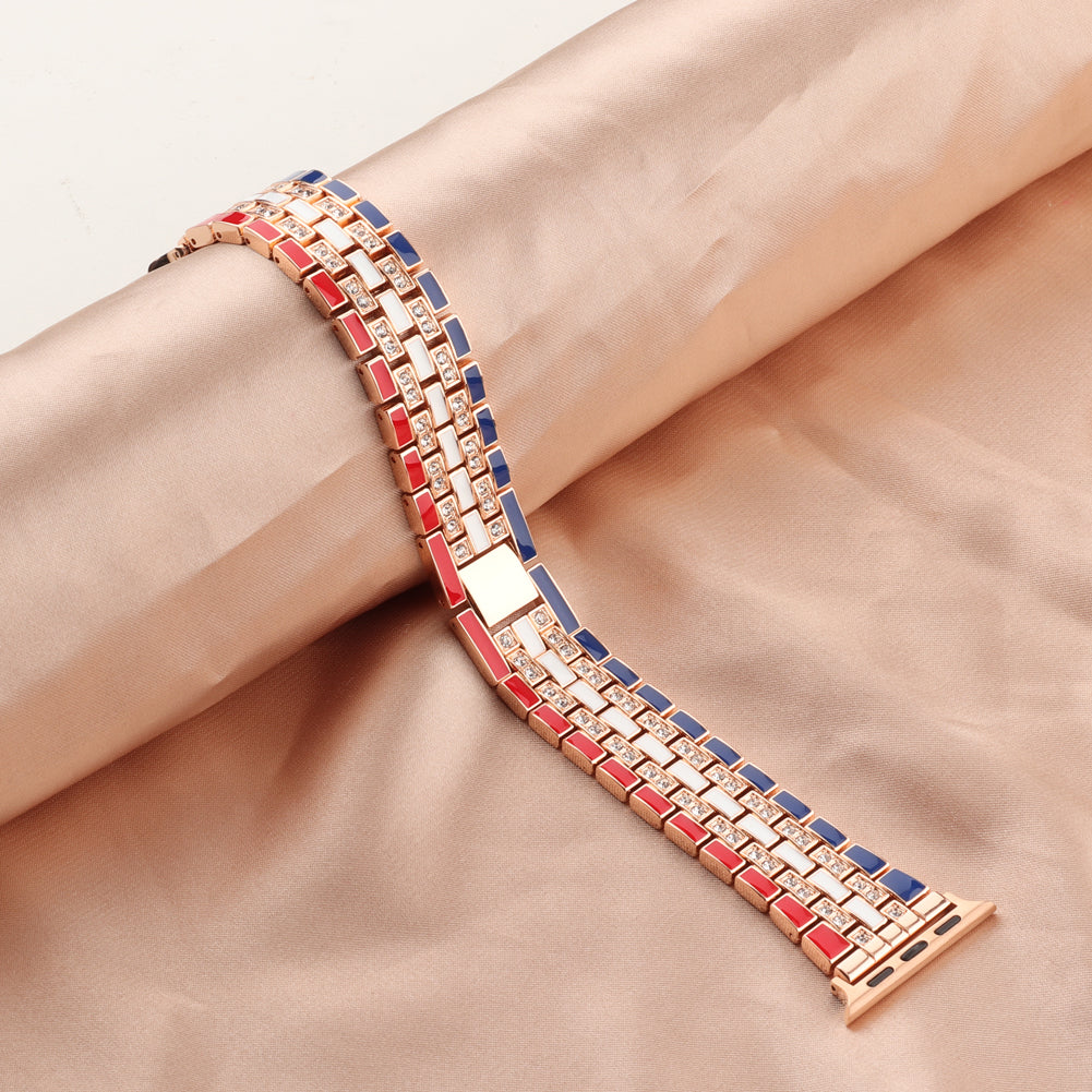 For Apple Watch Series 8 41mm / Series 7 41mm / Series 6 / 5 / 4 / SE / SE(2022) 40mm / Series 3 / 2 / 1 38mm Rhinestone Decor Flag Style Wrist Strap Smart Watch Band - Red / Blue / Rose Gold - UNIQBUY