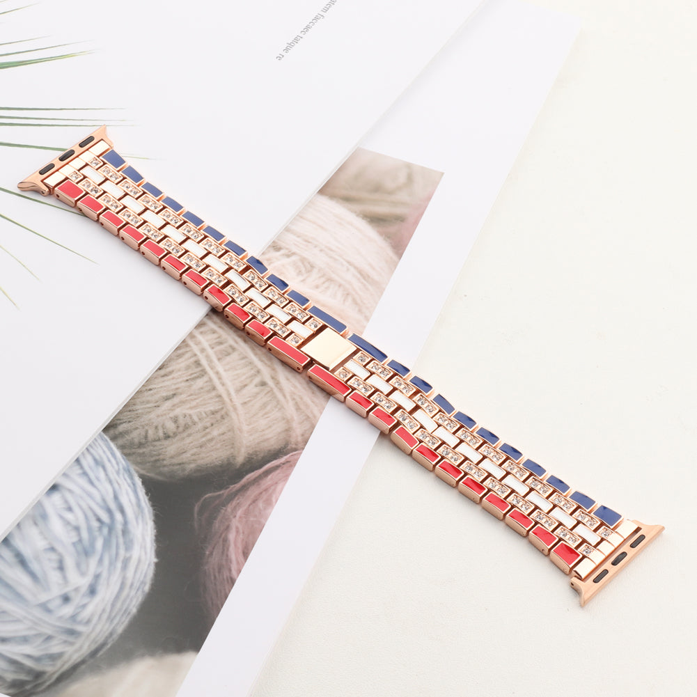For Apple Watch Series 8 41mm / Series 7 41mm / Series 6 / 5 / 4 / SE / SE(2022) 40mm / Series 3 / 2 / 1 38mm Rhinestone Decor Flag Style Wrist Strap Smart Watch Band - Red / Blue / Rose Gold - UNIQBUY