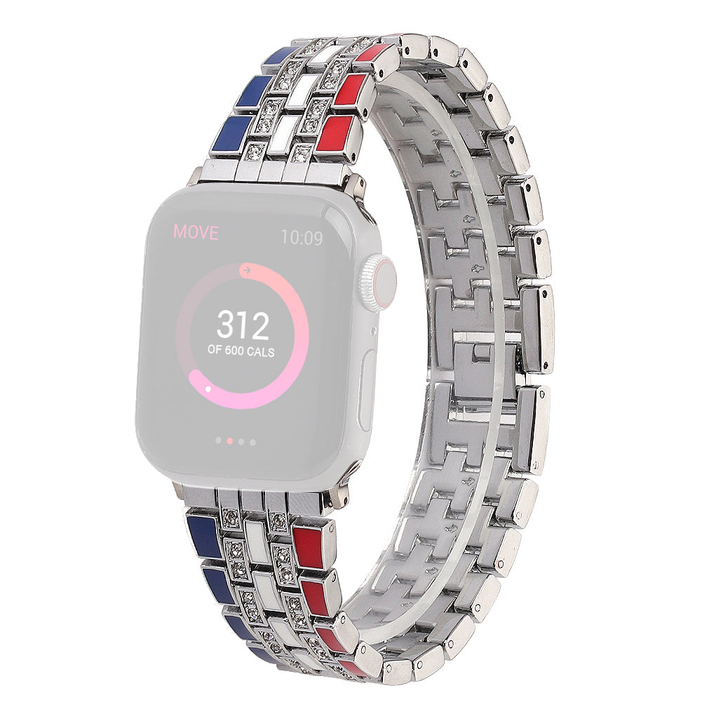 For Apple Watch Series 8 41mm / Series 7 41mm / Series 6 / 5 / 4 / SE / SE(2022) 40mm / Series 3 / 2 / 1 38mm Rhinestone Decor Flag Style Wrist Strap Smart Watch Band - Red / Blue / Silver - UNIQBUY